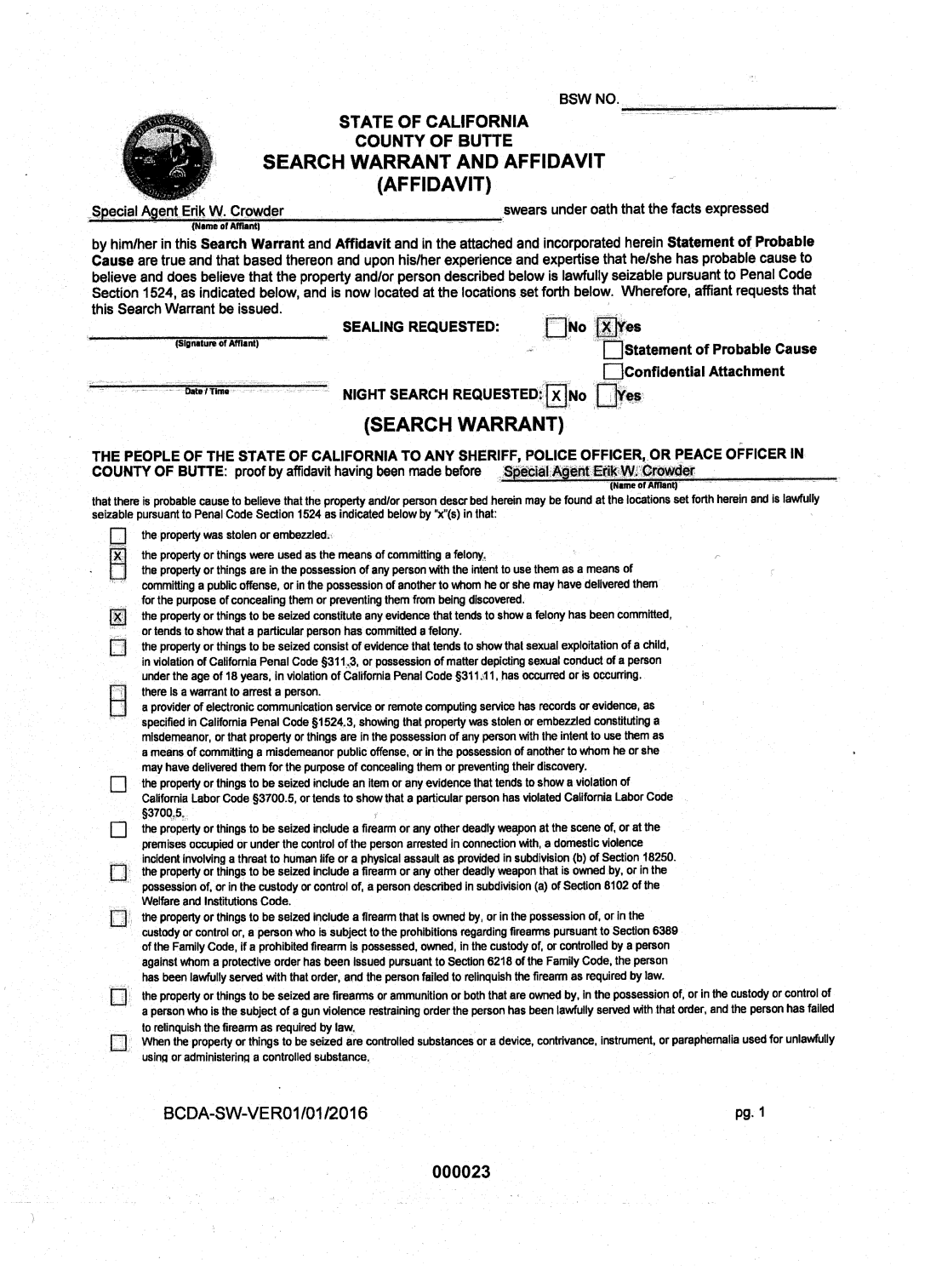 Affidavit for search warrant 1